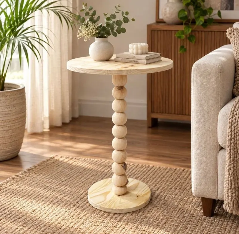 Mesa de apoio, mesa lateral em madeira pinus com haste torneada em esferas - bolinhas