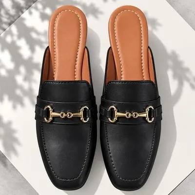 Mule sapato feminino quadrado Muller corrente mocassim detalhe abs dourado elegância