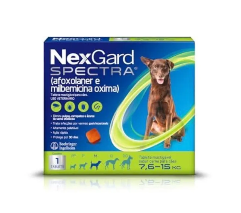 NexGard Spectra Antipulgas e Vermífugo para Cães de 7,6 a 15 kg - 1 Tablete Mastigável
