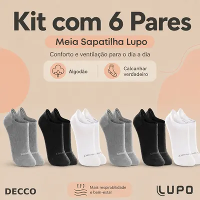 Kit De 6 Pares Meias Cano Invisível Lupo Sport Algodão Soquete Sapatilha Unissex!