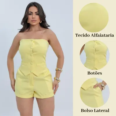 Conjunto Feminino Alfaiataria Premium Tomara que Caia com Botões + Short Elegante chik