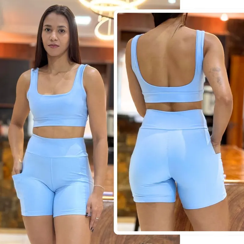 Conjunto de Academia Feminino Short com Bolso Zero Transparência e Cintura Alta + Top com