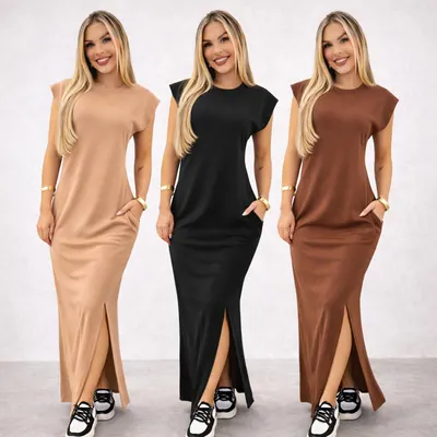 Vestido longo casual basico feminino ribana canelada manga muscle moda gringa preto