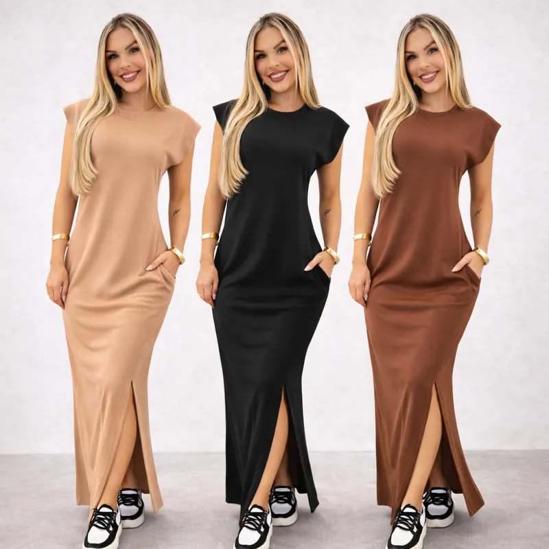 Vestido longo casual basico feminino ribana canelada manga muscle moda gringa preto