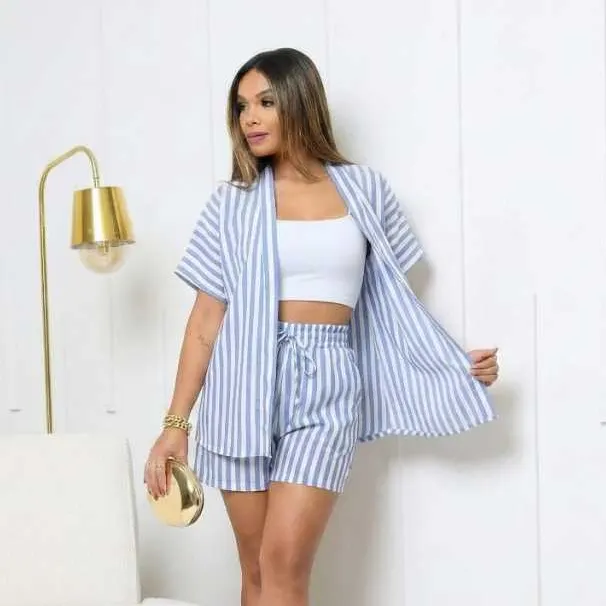 Conjunto estampado KIMONO femenino blusa e short sem forro duas peças material duna