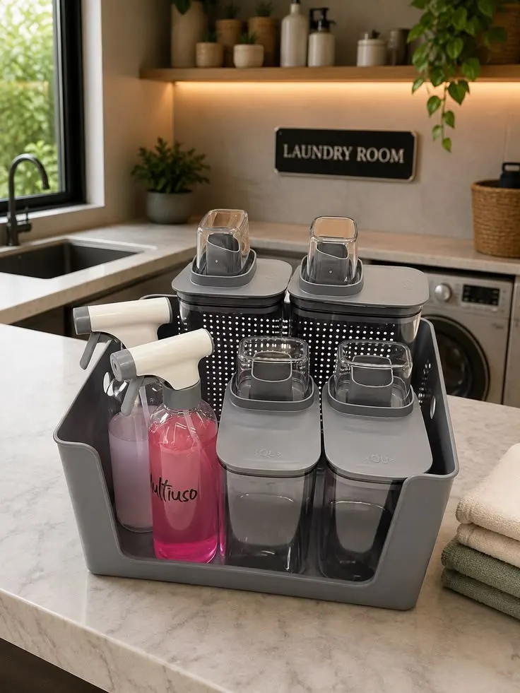 Kit Lavanderia 7 Peças Cesto Organizador + Dispenser Sabão 1,5L e 2,3L + Borrifador