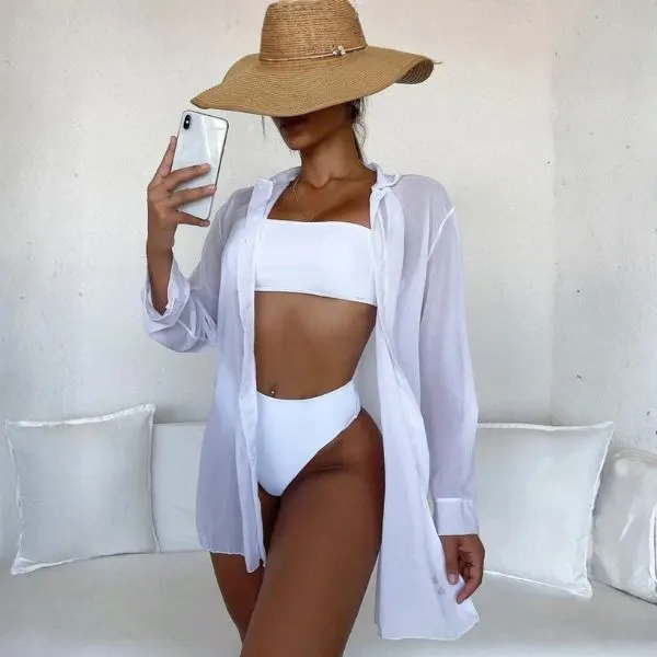 Saída de Praia Feminino Kimono Estiloso Camisa Blusão de Banho Chamise Simples Moda Verão