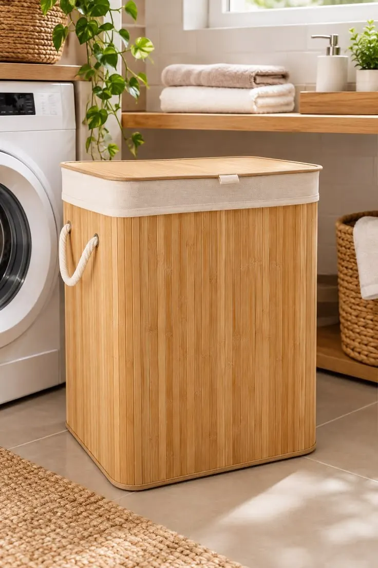 Cesto de Roupa Suja Bambu Com Tampa e Alças 50 Litros Grande Organizador Multiuso