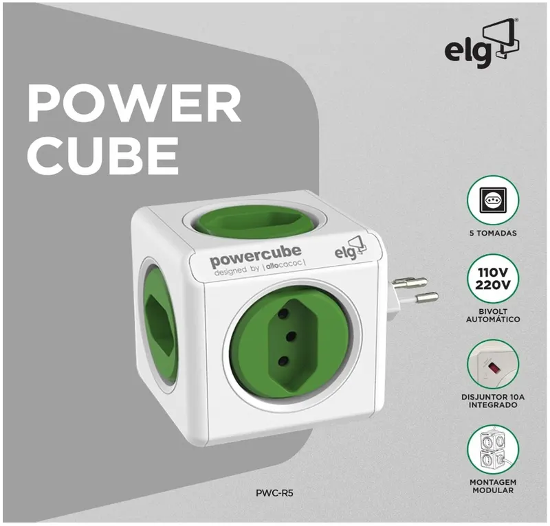 ELG, PWC-R5, PowerCube, Multiplicador 5 Tomadas, Disjuntor Integrado de 10A, Filtro de Linha com Protetor de Surto, Bivolt, Branco e Verde