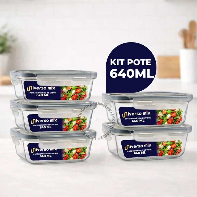 Kit 5 ou 10 Potes Vidro Hermético 640ml Retangular 4 Travas Marmita Premium!