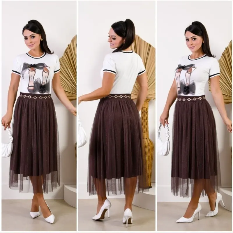 Saia Tule com Glitter Feminina Midi Luxo Moda Evangélica para Igreja e Congresso