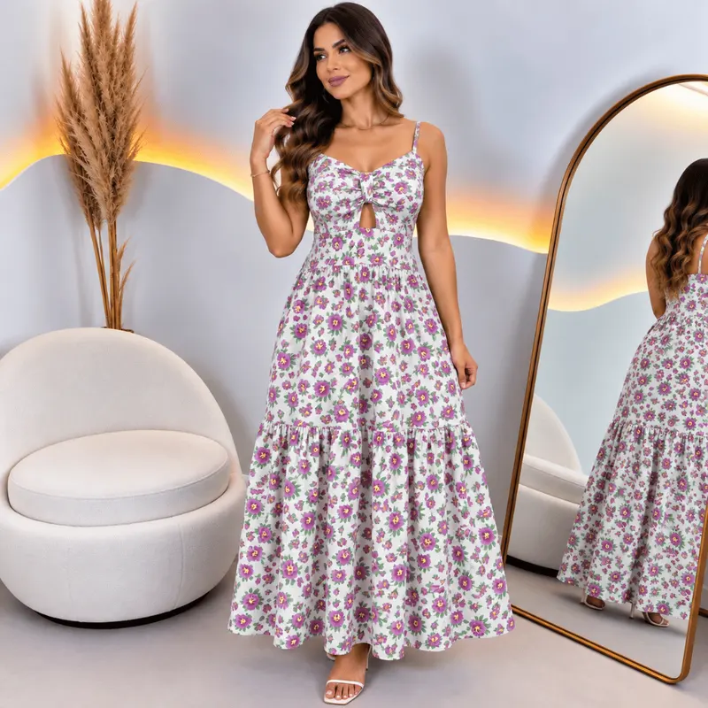 Vestido Feminino Longo Floral Crepe com Bojo Alça Regulável Abertura Elegante Pimenta Rosa