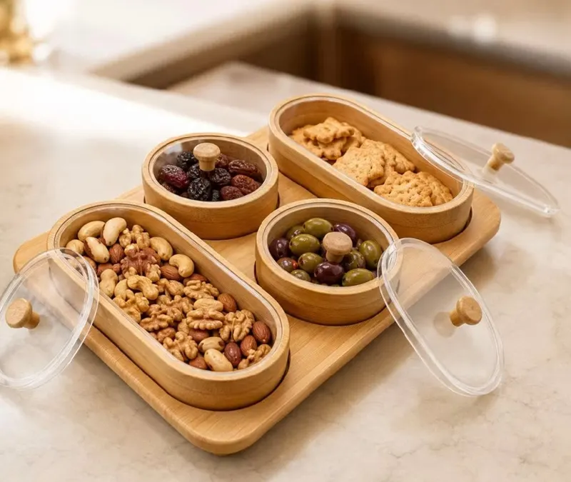 Conjunto Petisqueiras de Bambu Potes com Tampa e Bandeja