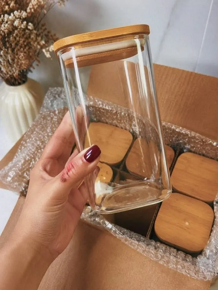 Kit 4 potes de vidro 1,1L tampa de bambu herméticos quadrado - Tüd