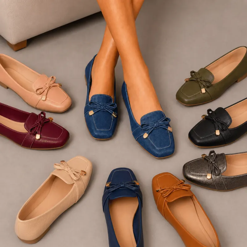 Mocassim Bico Quadrado Feminino Laço Delicado Rosê Sapatilha Feminina Casual Confortável
