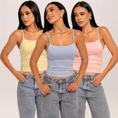 Kit 3 Cropped Feminino Regata Alcinha Suplex Premium Forro Duplo Sem Transparência Casual