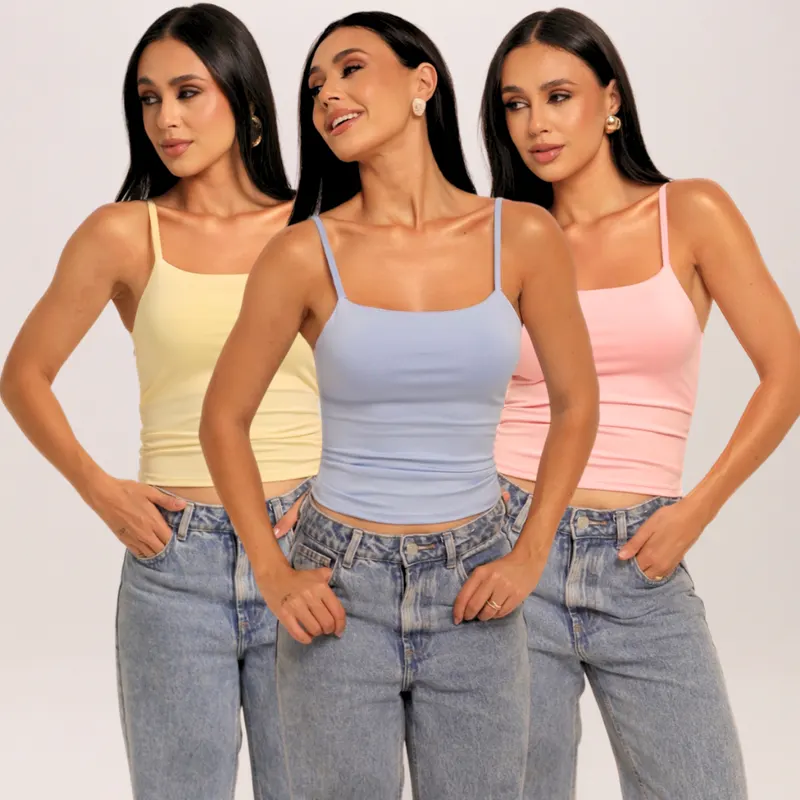 Kit 3 Cropped Feminino Regata Alcinha Suplex Premium Forro Duplo Sem Transparência Casual