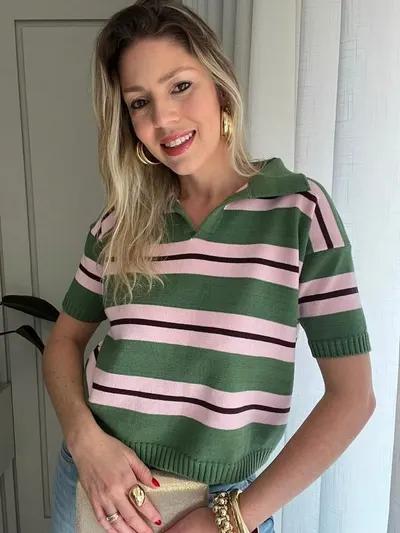 Camiseta Gola Polo Tricô Blusa Modal Feminina Listrada Verão Calor