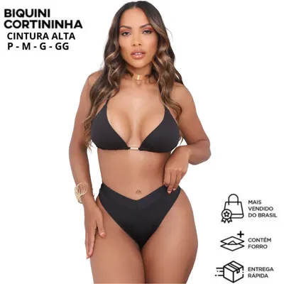 Biquíni EFEITO LIPO Top Cortininha Calcinha Asa Delta Cintura Alta de Cós