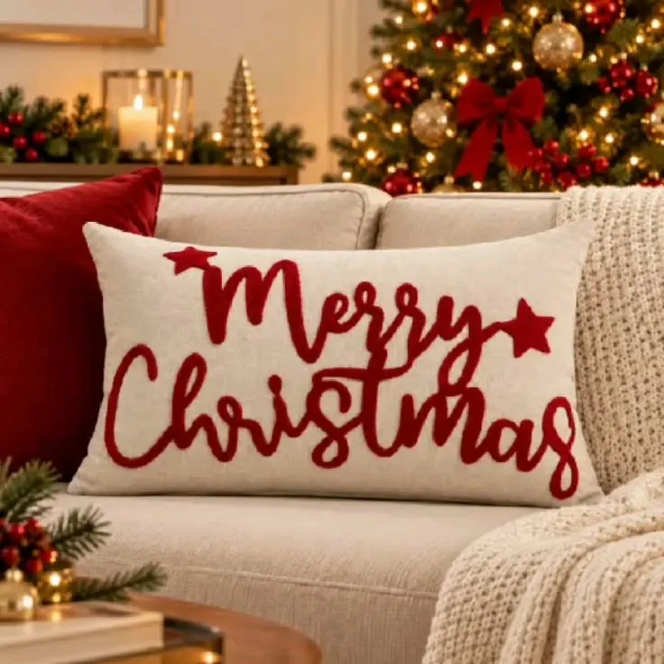 Capa De Almofada Retangular Linho com Boucle Natalino Decoração Enfeite Natal Baguete Merry Christimas 30x50cm
