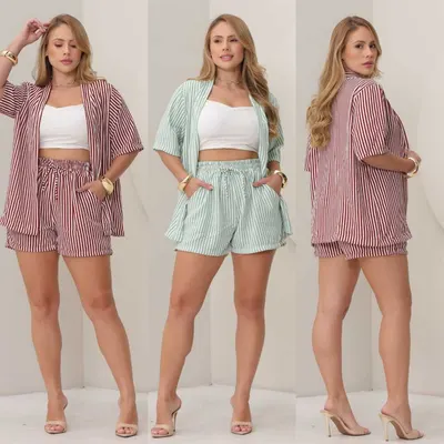 Conjunto Kimono e Short Feminino Com Bolso Duas peças Listrado
