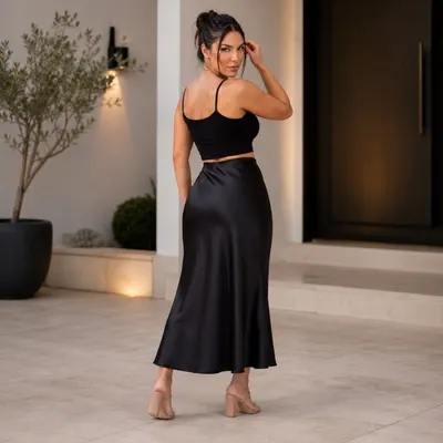 Saia Midi de Cetim Feminina Acetinada Lisa Cintura Alta Elegante Social Casual Festa Não