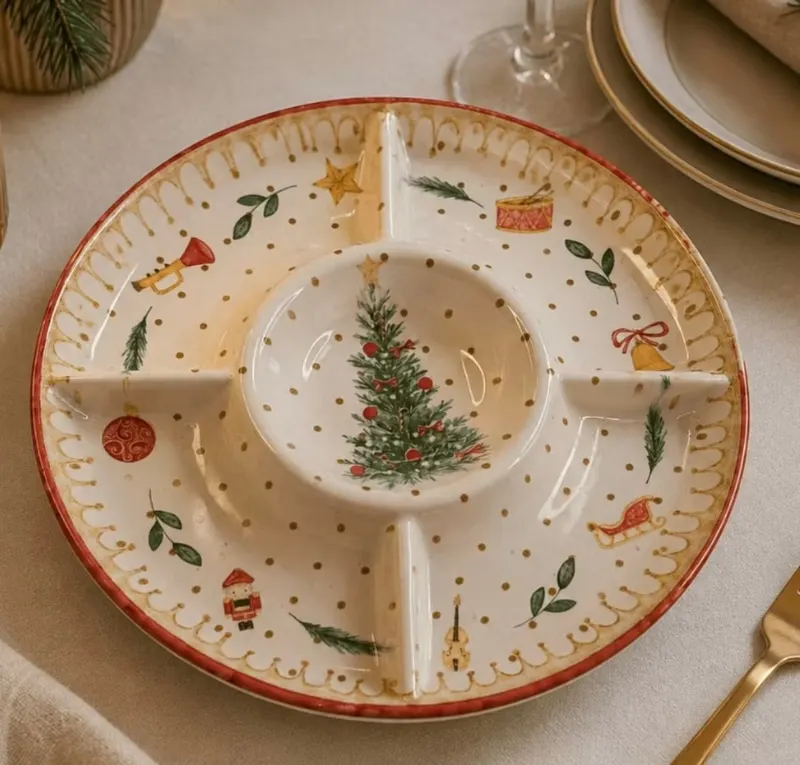 Petisqueira Estampa de Natal Redonda Cerâmica Decoração Natalina Ideal Para Mesa Posta Decoração Natalina Scalla 2a