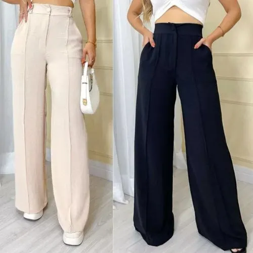 Calça Pantalona Feminina Wide Leg Cintura Alta Tecido Crepe Dunas P ao GG Disponível no