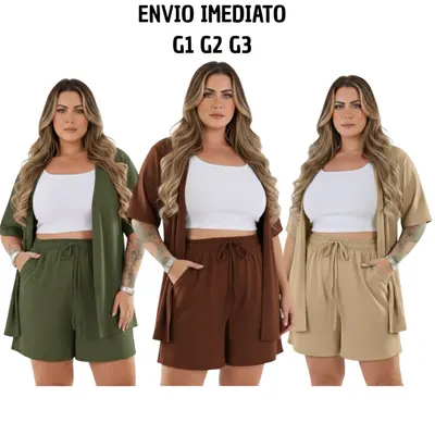 Conjunto 2 Peças Kimono e Short Plus Size Com Bolso Liso Marrom verde branco Preto