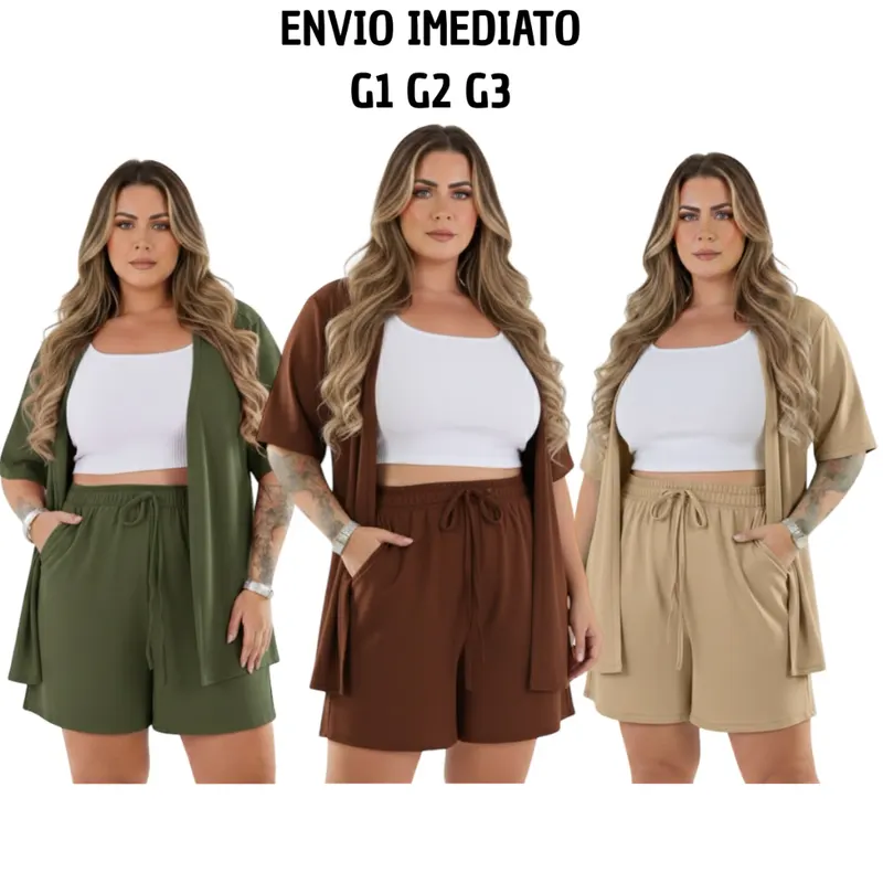 Conjunto 2 Peças Kimono e Short Plus Size Com Bolso Liso Marrom verde branco Preto
