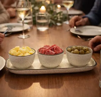 Jogo de Petisqueira 3 Bowls com Bandeja em Cerâmica Retangular Para Servir Domus Brisa Oxford