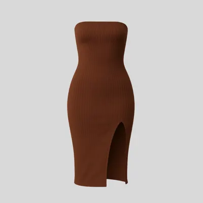 Vestido Midi Feminino Tomara Que Caia Canelado Premium com Fenda Moda Elegante