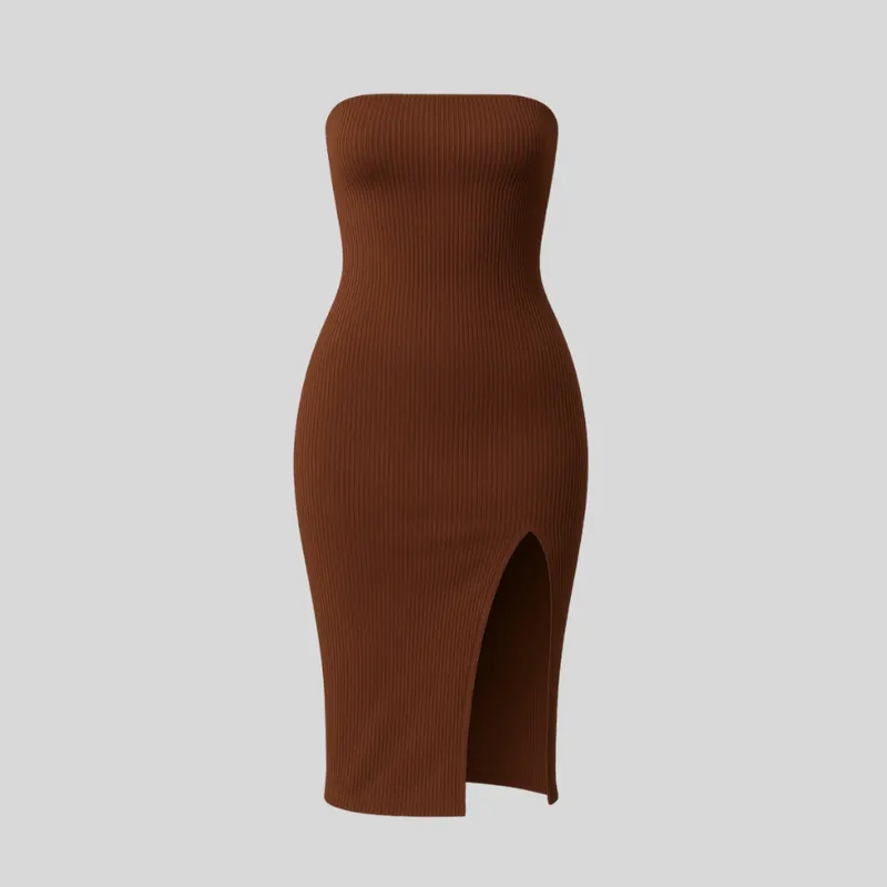 Vestido Midi Feminino Tomara Que Caia Canelado Premium com Fenda Moda Elegante