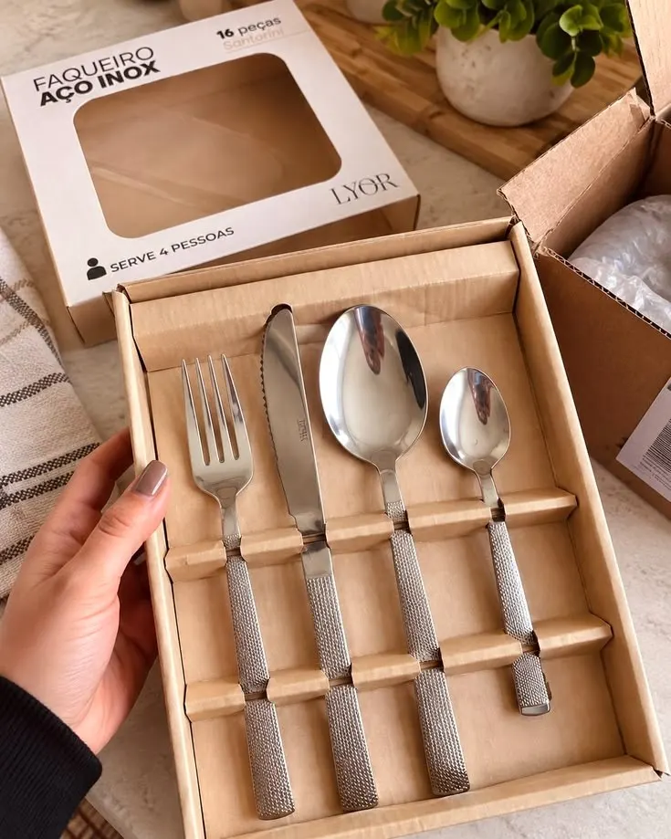 Faqueiro 16 Peças Aço Inox Santorini Lyor Prata Jogo de Talheres Completo para 4 Pessoas Mesa Posta Sobremesa Resistente