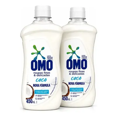 Kit 2 Lava-Roupas Omo Líquido Roupas Finas e Delicadas Coco com 450ml