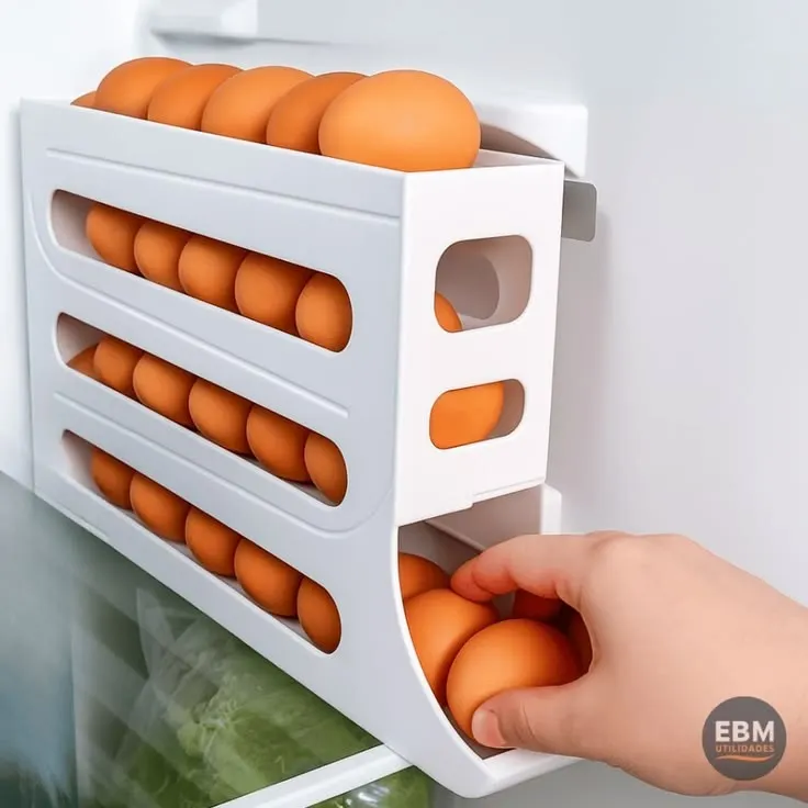 Porta Ovos dispenser 4 Andares Branco Rolante em Plástico para Geladeira Organizador 30 Ovos