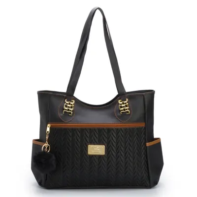 Bolsa Feminina Sacola Grande de Ombro em Couro com Espaço Amplo + Chaveiro Pompom
