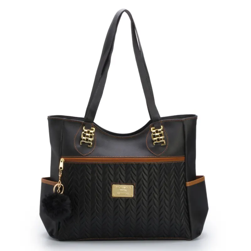 Bolsa Feminina Sacola Grande de Ombro em Couro com Espaço Amplo + Chaveiro Pompom