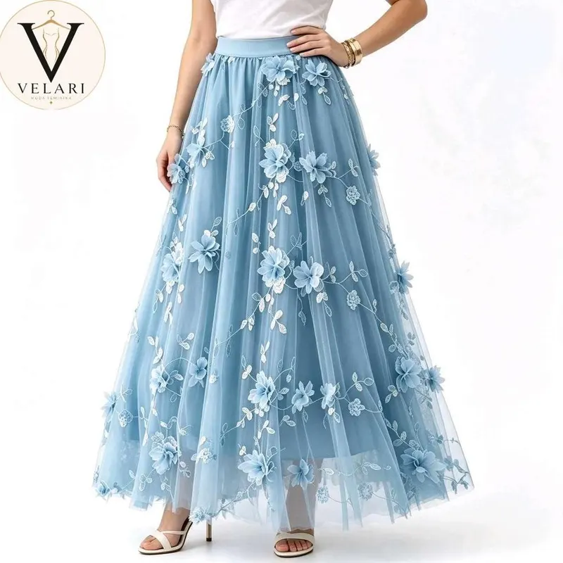 Saia Midi de Tule com Flores 3D e Forro Interno (Leve Transparência) Elegante Leve para