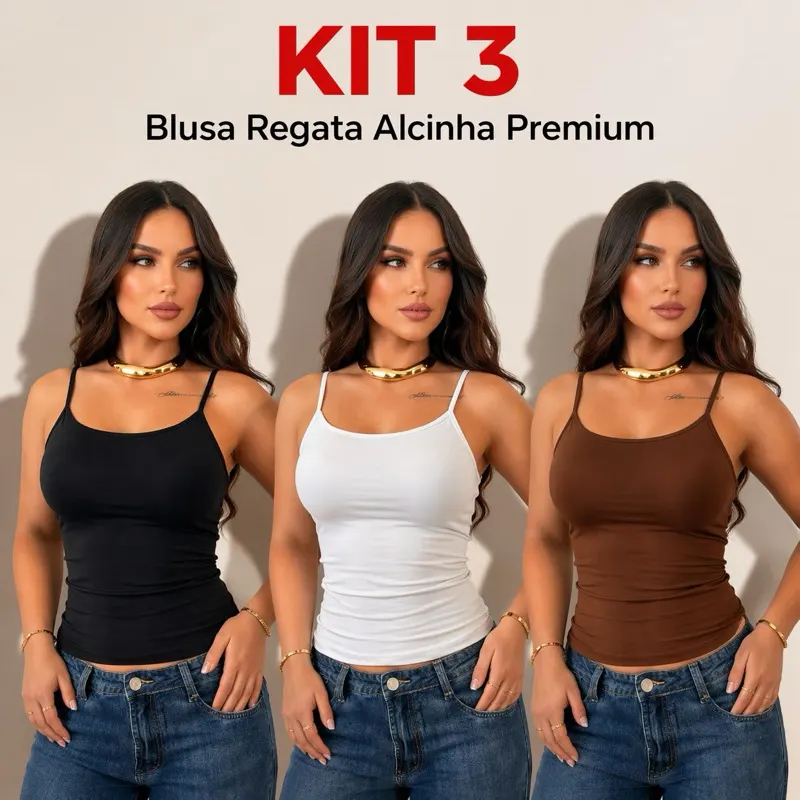 kit 3 Blusa Regata Alcinha Básica Com Forro Confortável Casual Verão Suplex Poliamida Com