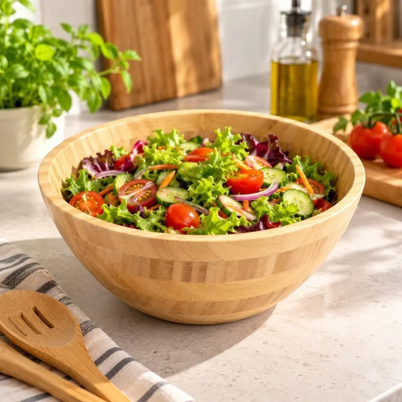 Saladeira de Bambu 25cm Natural de Alta Qualidade – Tigela Redonda para Saladas e Frutas - Lavável