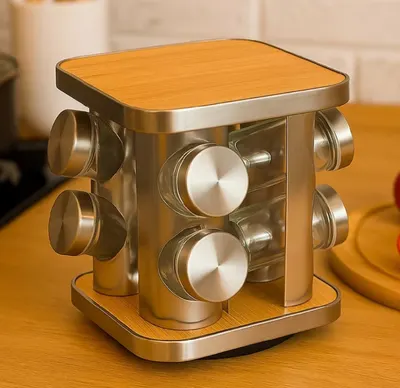 Porta Temperos Giratório Inox e Bambu com 8 Potes – Organizador 360° de Cozinha