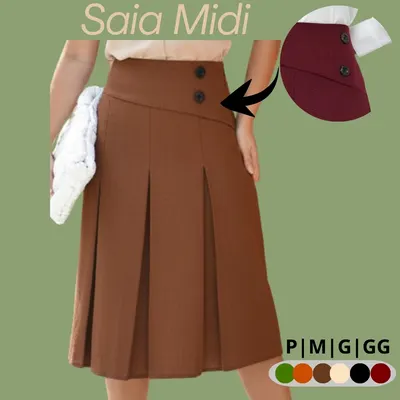 Saia Midi Feminina Plissada do P ao G2 Detalhe 2 Botão Tecido Linhão Moda Evangélica