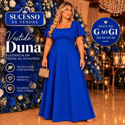 Vestido Longo Plus Size Feminino Elegante Manga Solta Decote Quadrado Tecido Duna Moda
