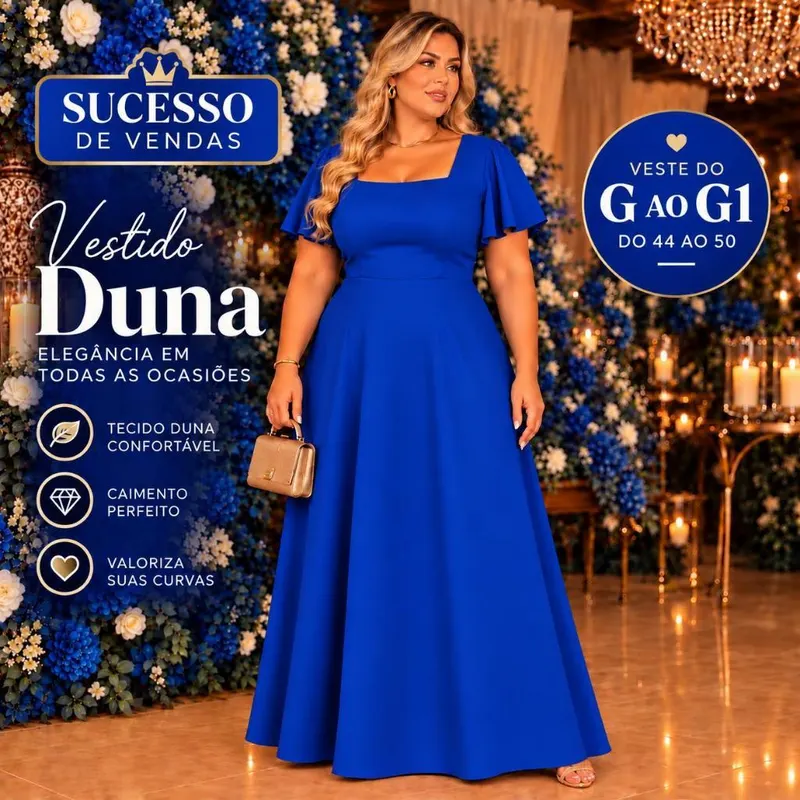 Vestido Longo Plus Size Feminino Elegante Manga Solta Decote Quadrado Tecido Duna Moda