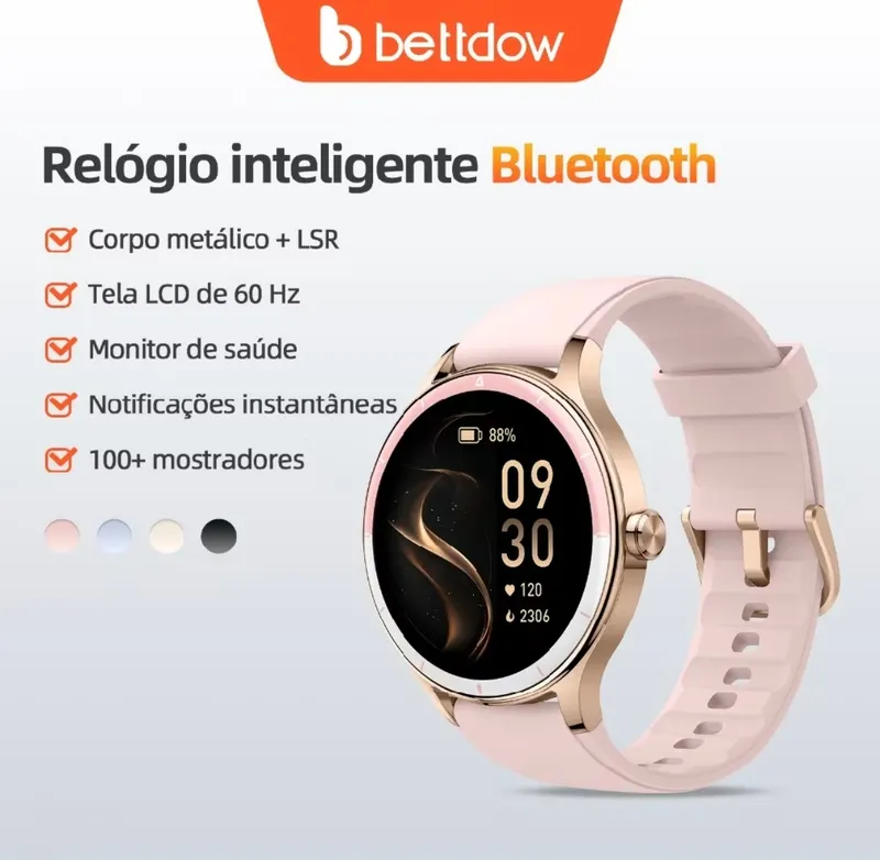 Smartwatch feminino BETTDOW: tela LCD de 1,27 polegadas, resistência à água IP68, caixa de liga metálica, modo esportivo