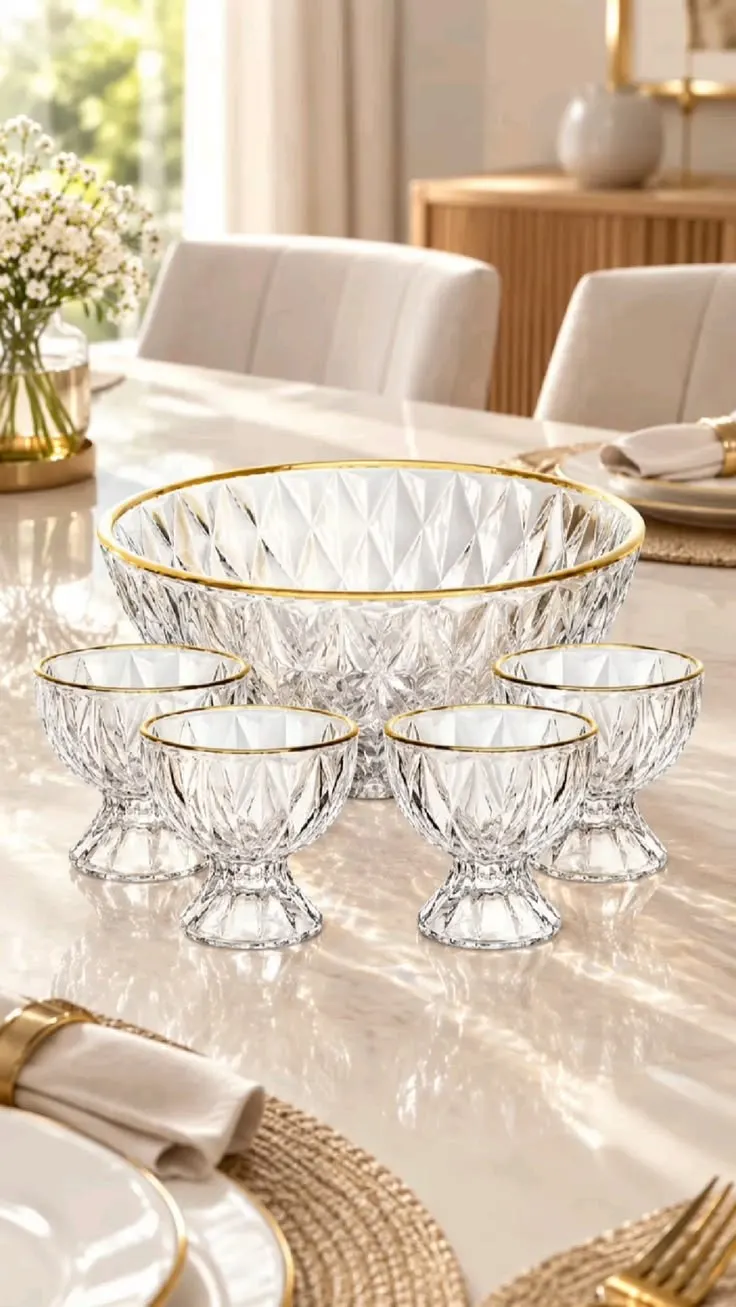 Conjunto 1 Bowl 1L e 4 Taças 120ml Diamond Lyor Cristal com Fio de Ouro para Sobremesas Doces Frutas Mousse Pavê 5 Peças