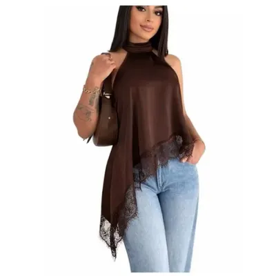 Blusa Feminina Gola Alta Assimétrica Frente Única Com Renda Bata Elegante Tendência