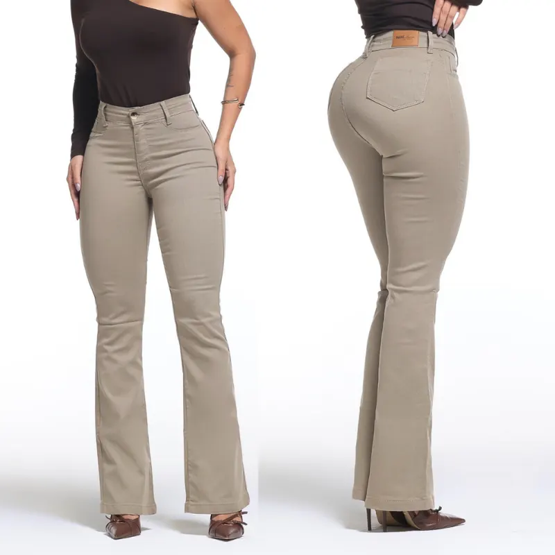 Calça Feminina Flare Pantalona Bege Jeans Premium Empina Bumbum Boca de Sino Cos Alto Com