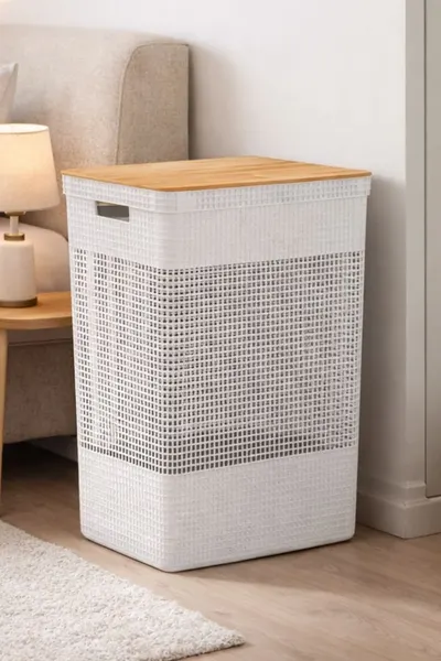 Cesto De Roupas OU Grid Com Tampa De Bambu 49 Litros 5 cores disponíveis